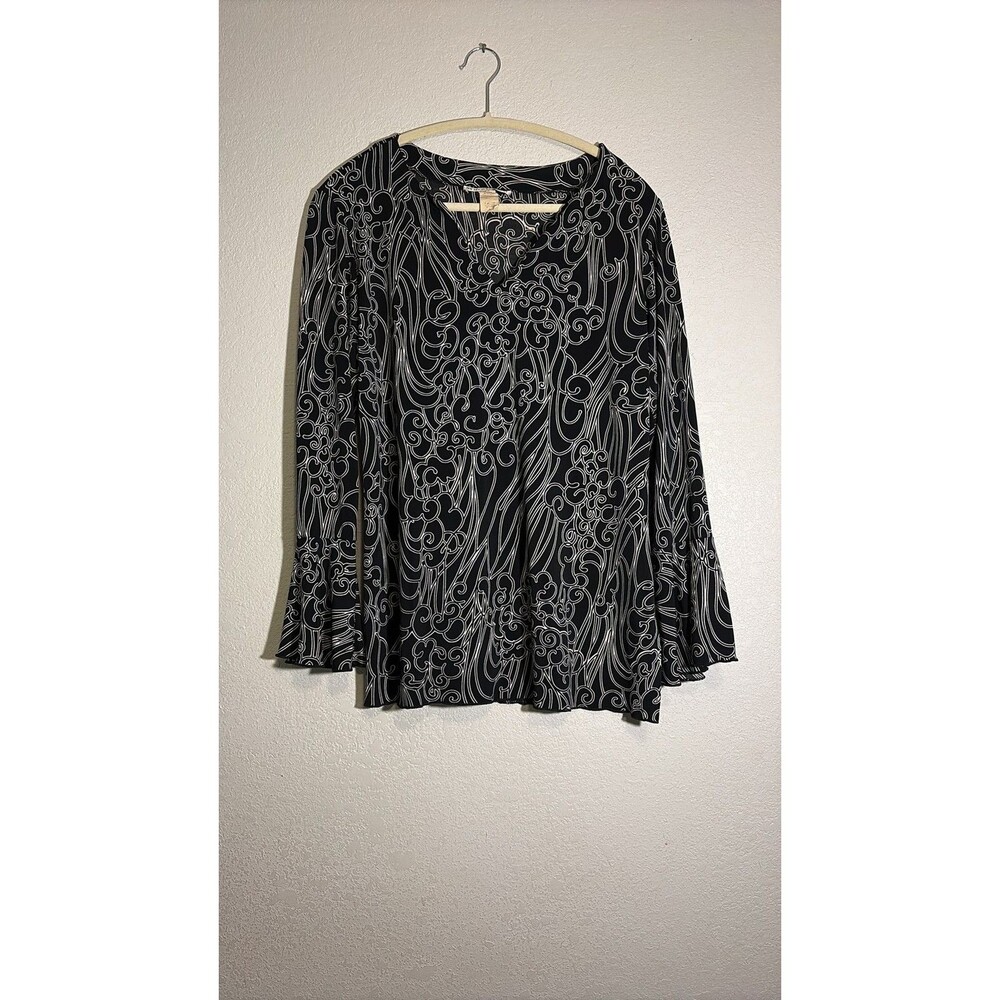 Vintage Dressbarn Black & White Swirl Print Bell Sleeve Tunic Top Large